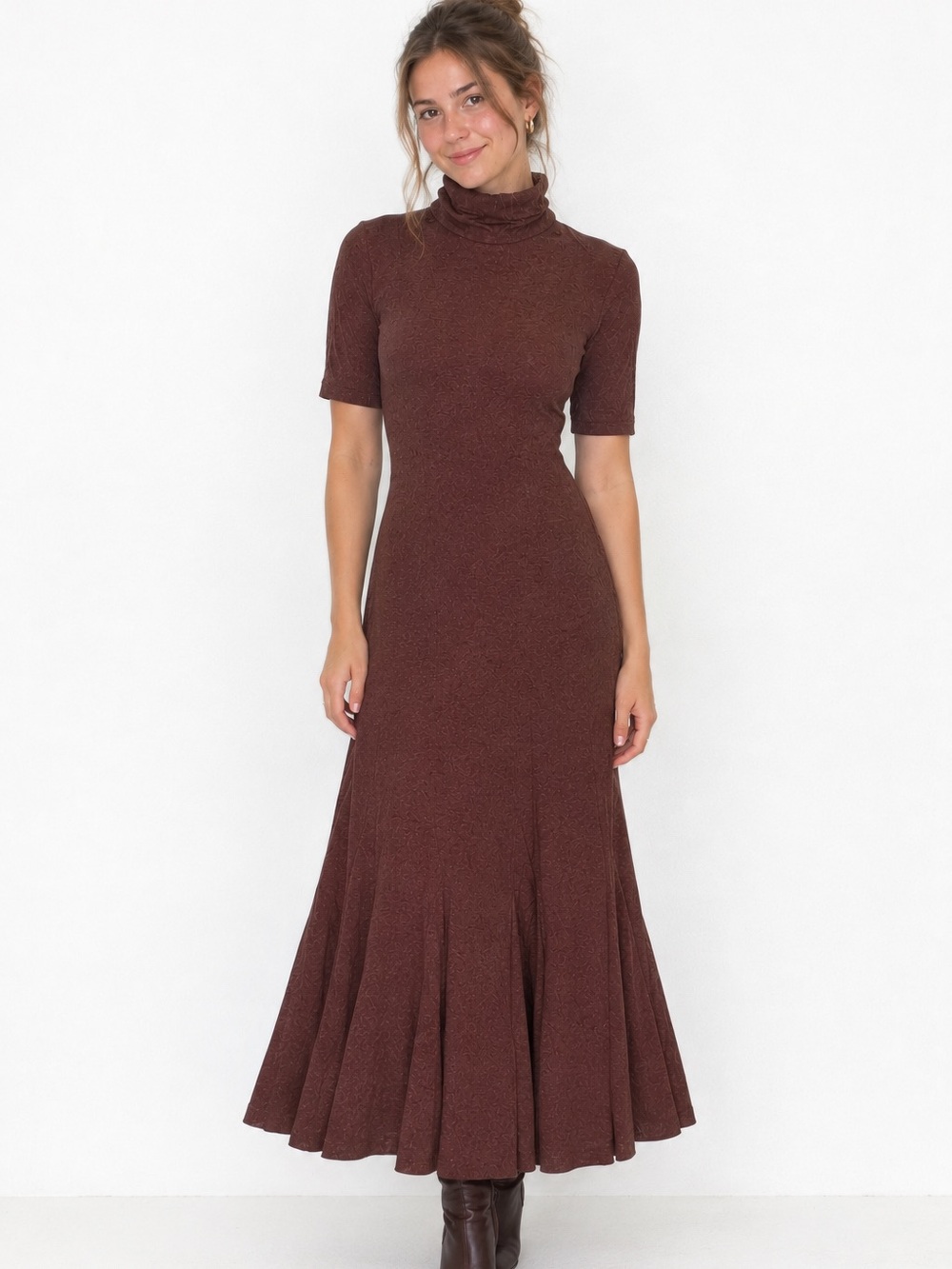 Turtleneck Maxi Sweater Dress Women's Burgundy Short-Sleeve Sz M Classy Work